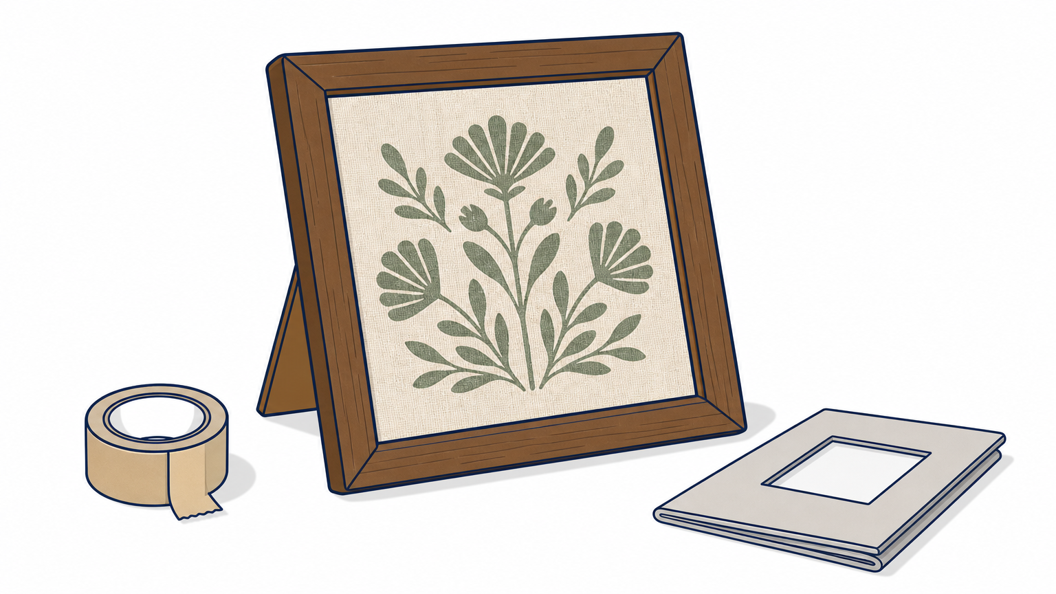 A wooden frame holding a stretched piece of printed linen, with tape and mat board beside it on a table.