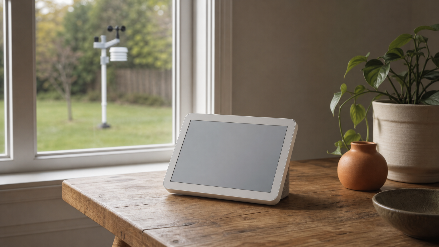 An outdoor sensor array on a pole in an open lawn, with a display console on a kitchen table indoors.