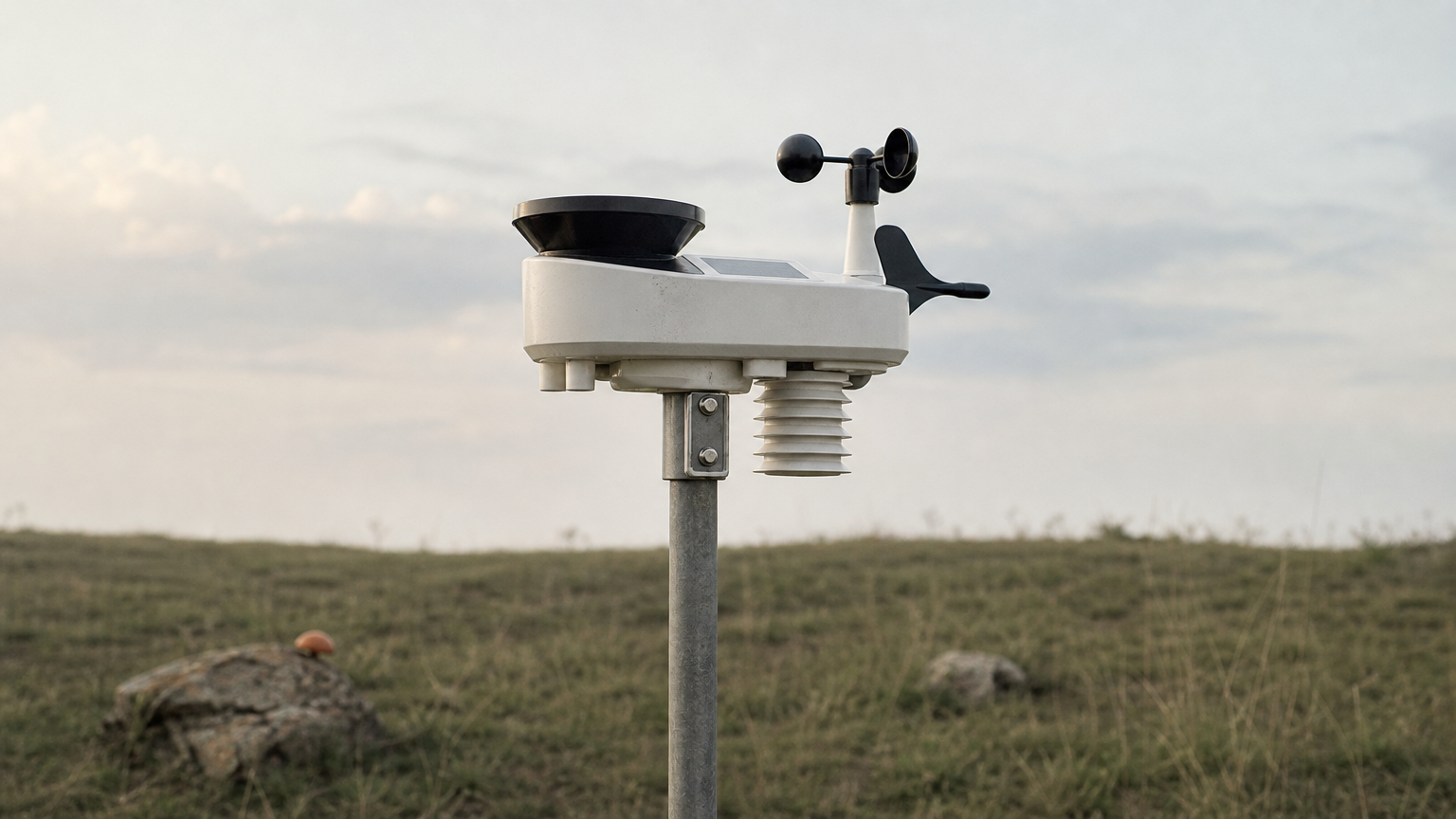 A single all-in-one weather sensor unit on top of a mast in open grass, with no other equipment nearby.