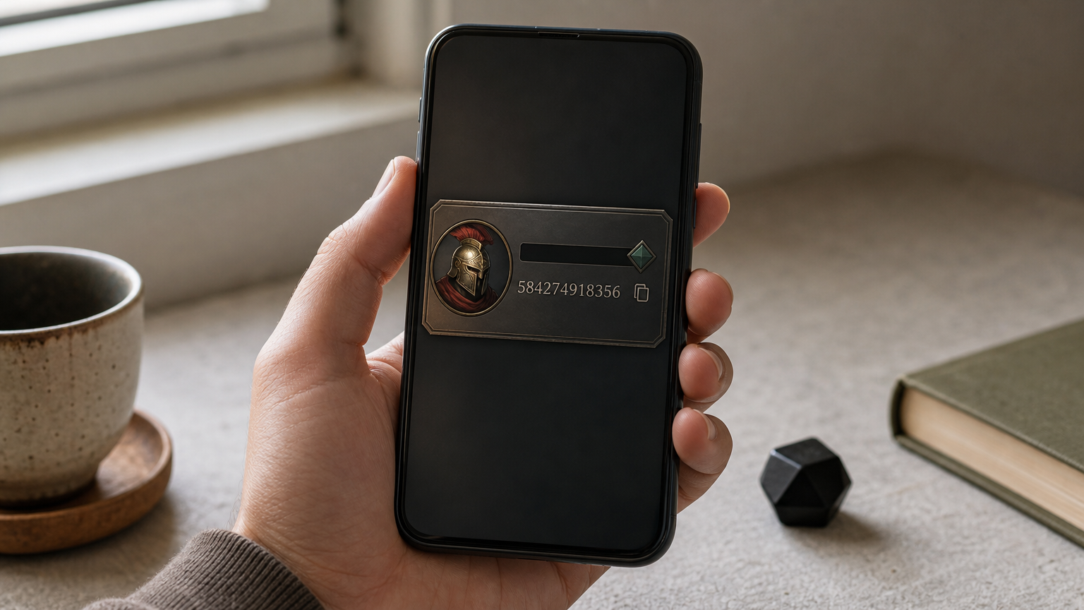 A smartphone displays a game profile card with a long ID number and a copy icon beside it.