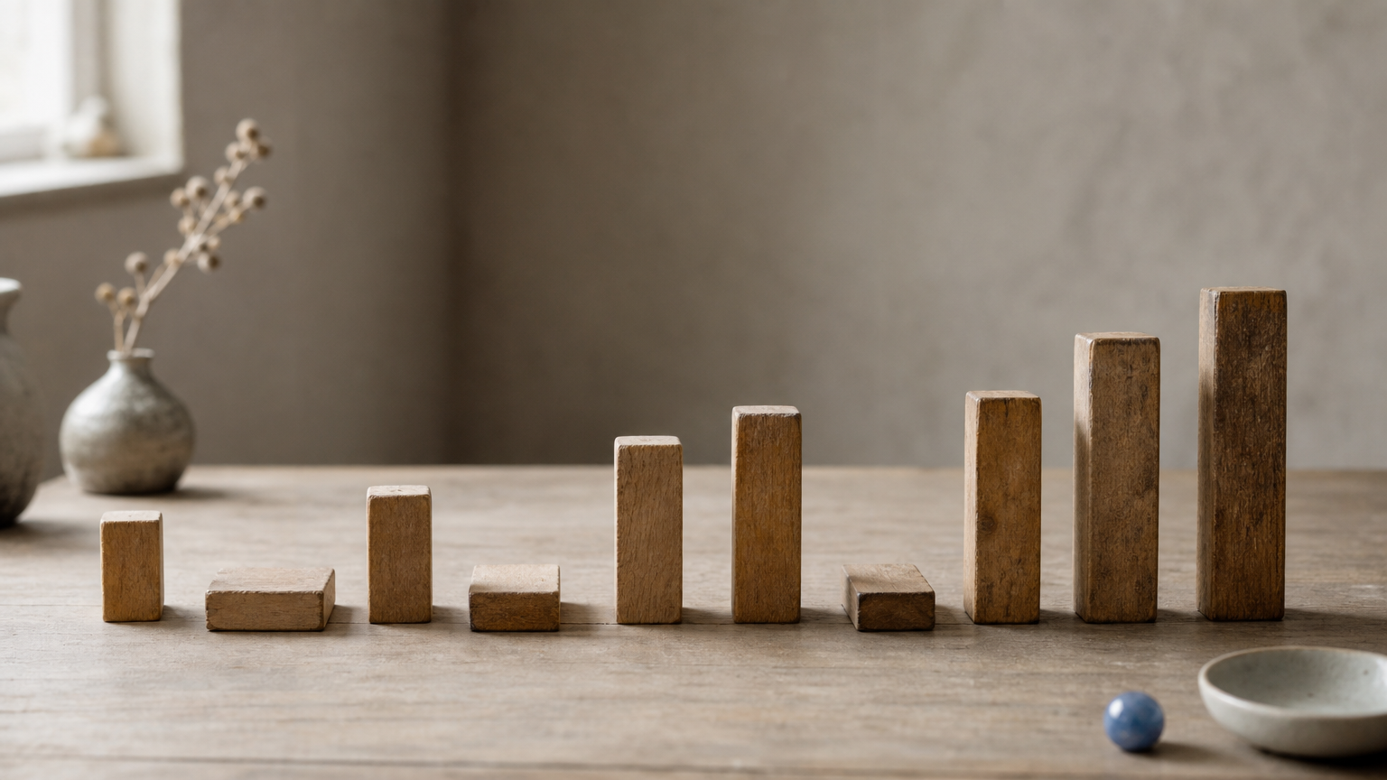 Ten small blocks in a row sorted from shortest to tallest, with three lying flat among the upright ones.
