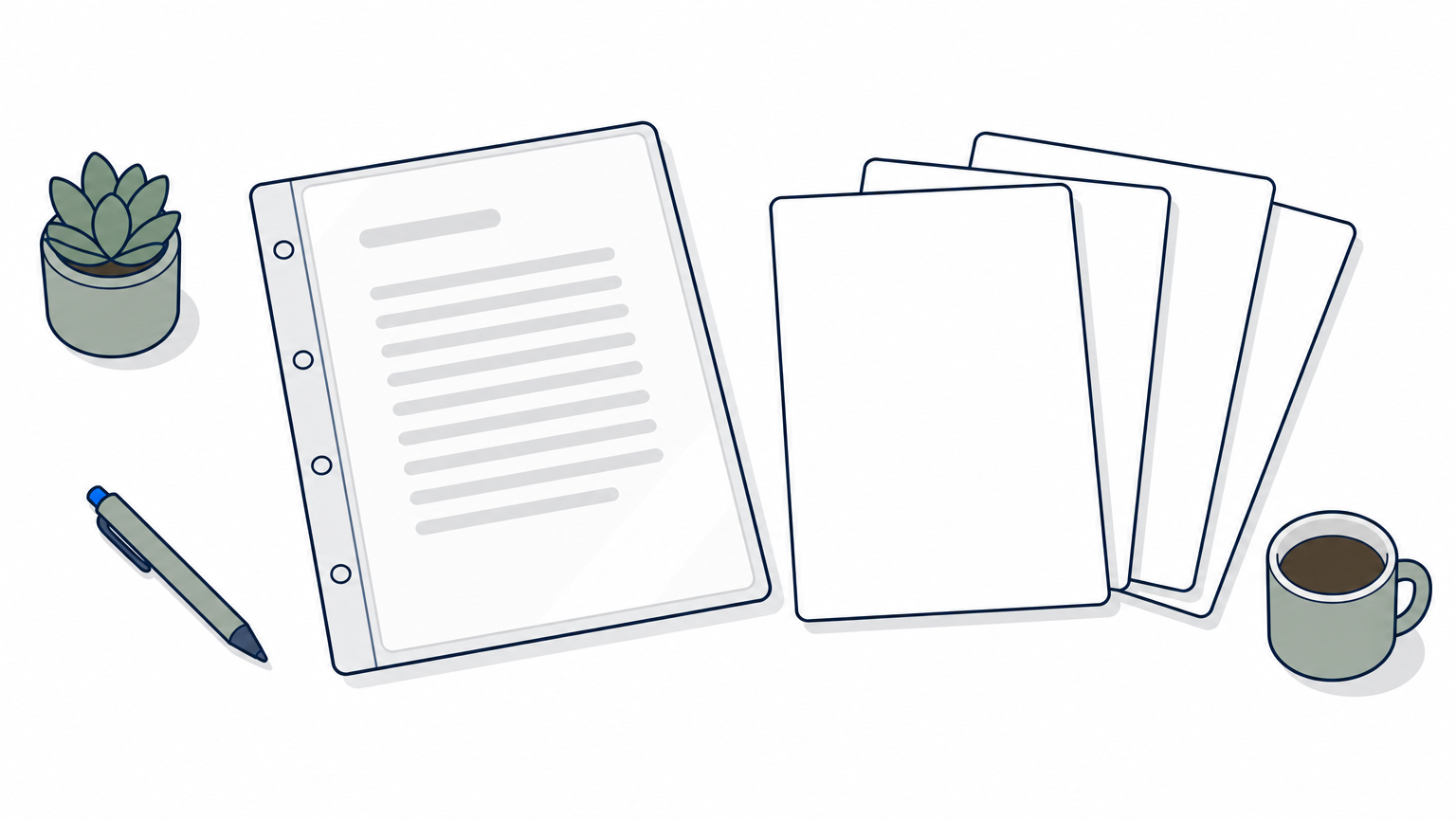 A protected master sheet sits in a clear sleeve beside three blank copies fanned out on a desk.