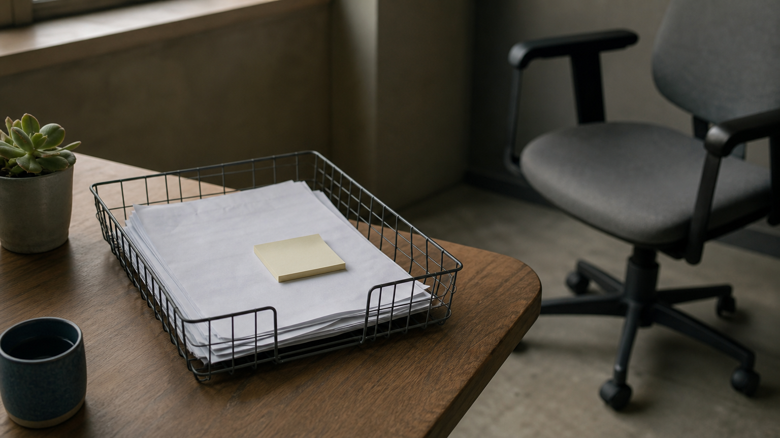 A paper invoice and sticky note sit in a wire tray beside an empty chair, showing work waiting for someone to pick it up.