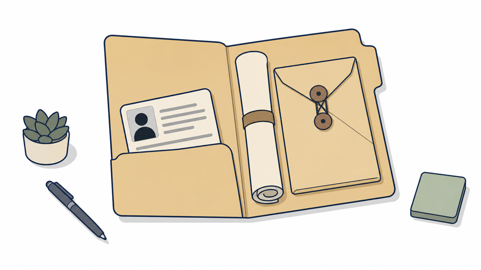 A manila folder open on a desk holding an identity card, a rent agreement, and a sealed police envelope.