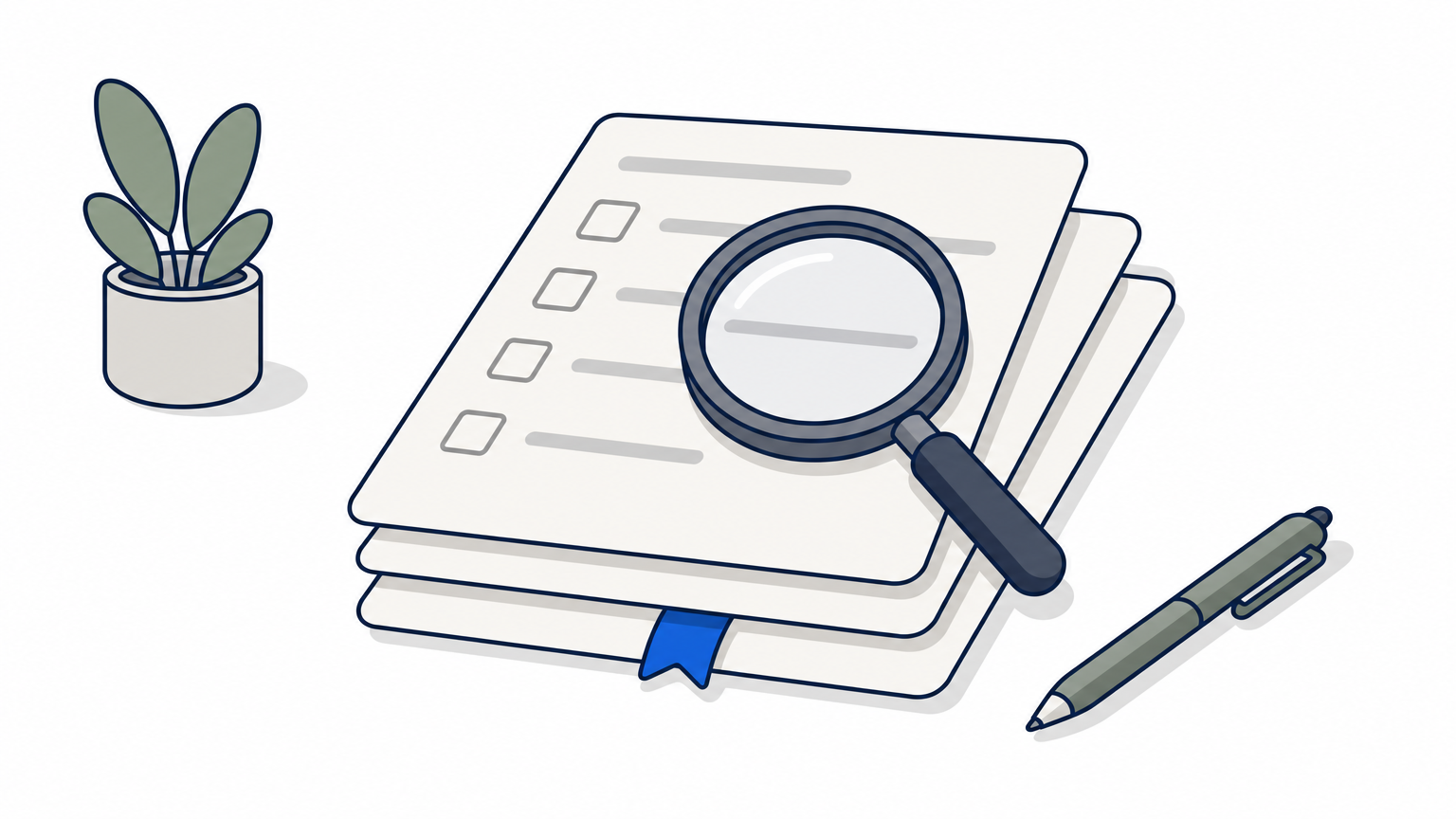 A magnifying glass rests on a stack of three paper forms with a bookmark ribbon.