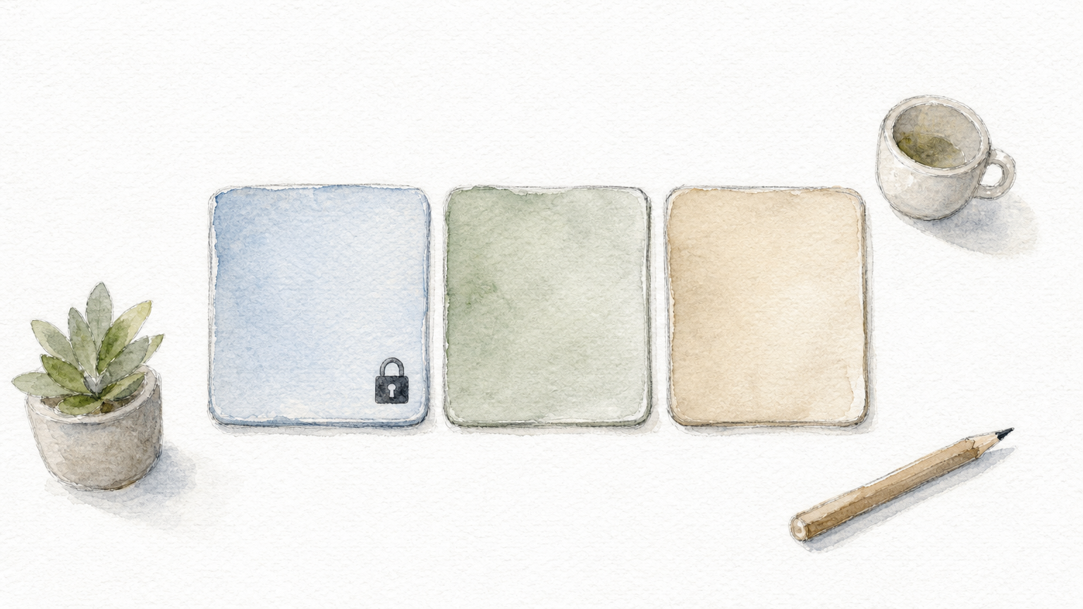 Three square tiles in a row, one marked with a small padlock in its corner.