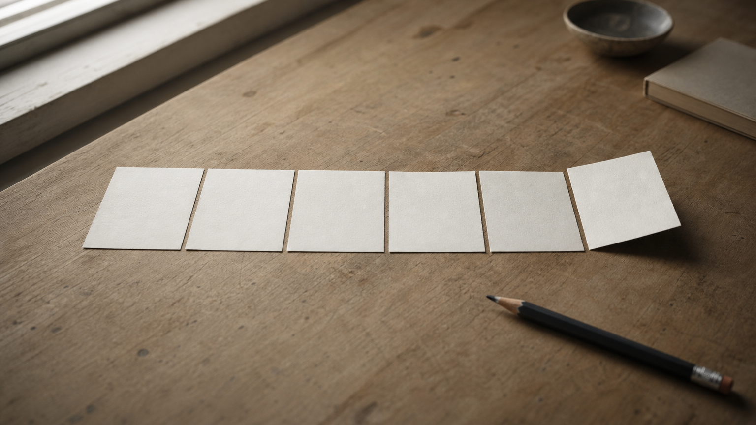 Six paper cards lie in a row across a desk, one lifted at the end, with a pencil beside them.