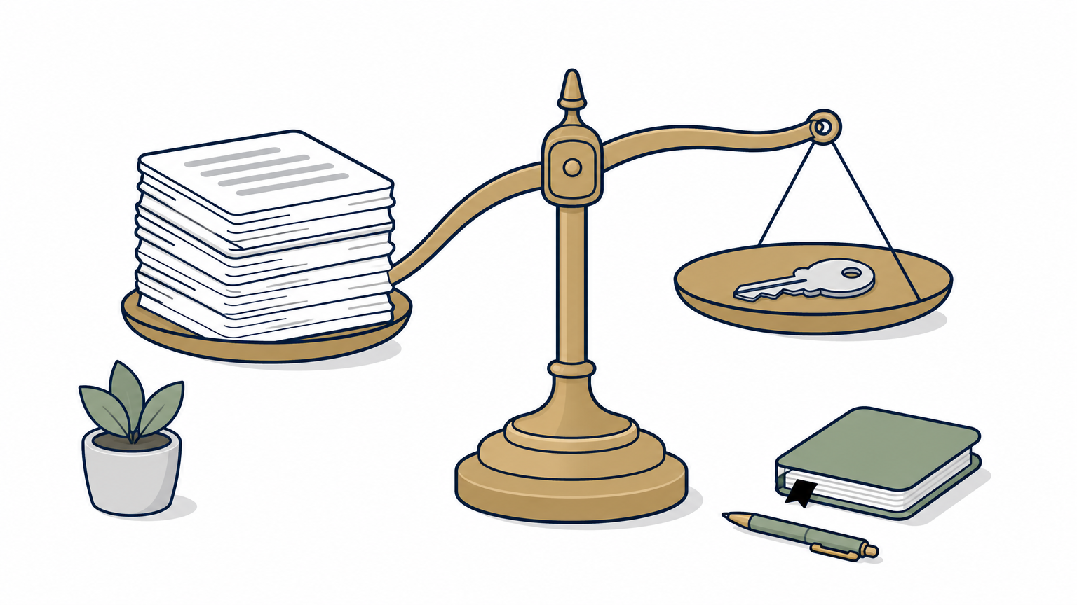 A brass scale with paper stacked on one pan and a house key on the other.