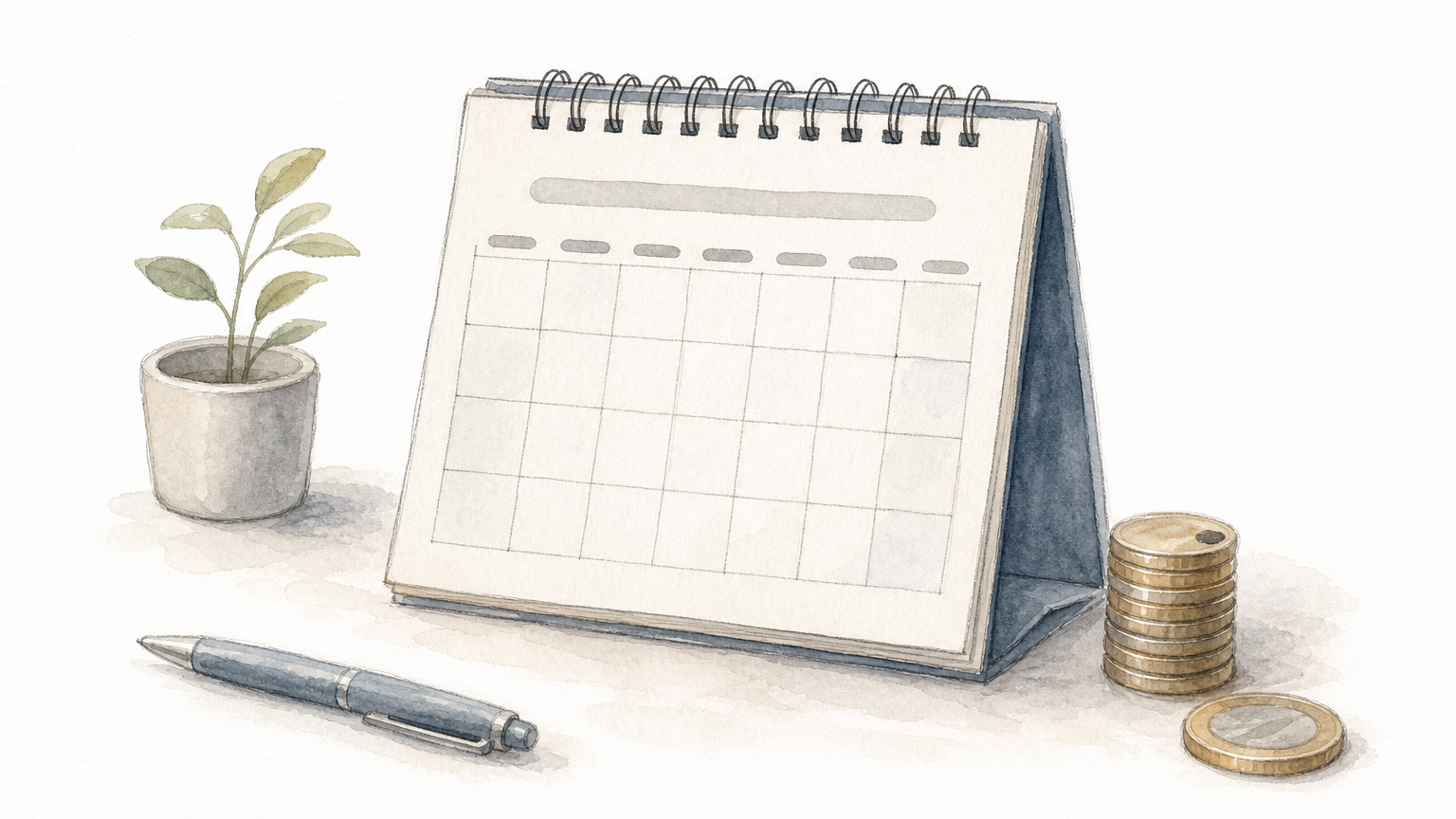 A stack of small coins beside one larger coin, next to a wall calendar on a desk.