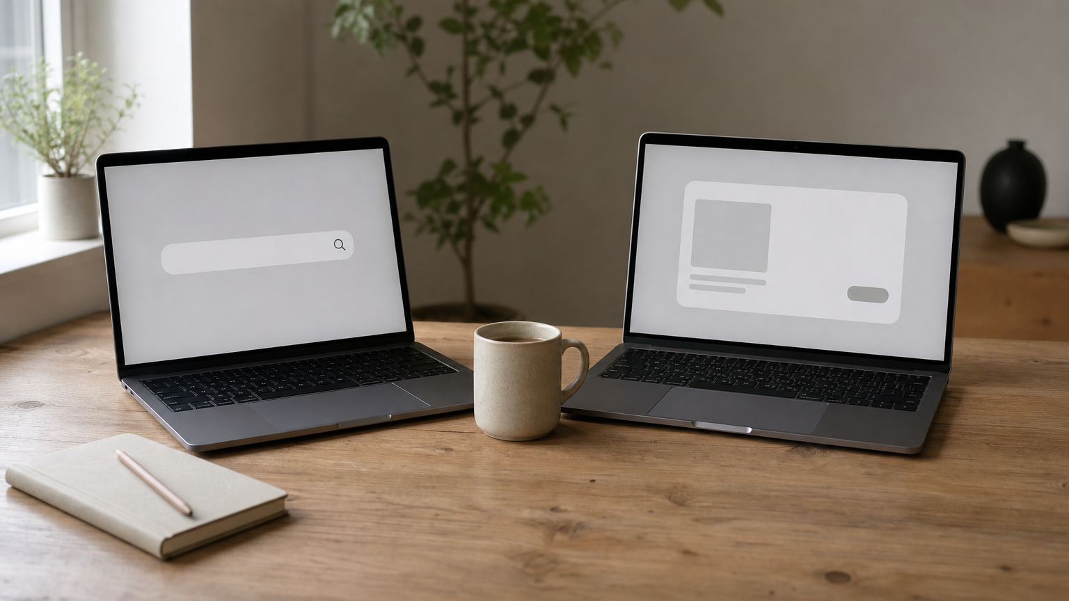 Two open laptops on a desk, one showing a search bar and the other showing a product ad.