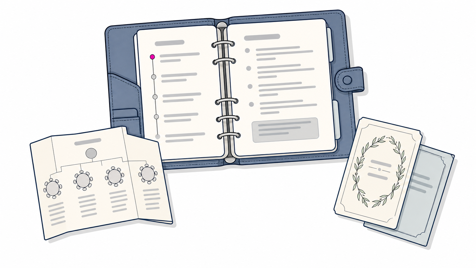 An open binder with a day-of timeline sits beside a folded seating chart and two wedding invitations on a table.