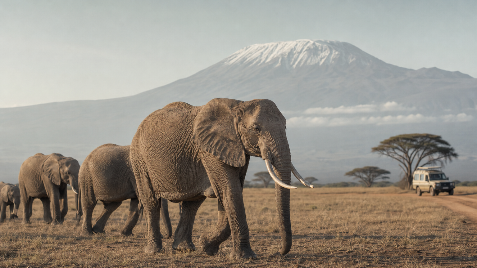 An elephant herd crosses open grassland with Mount Kilimanjaro rising in the background and a safari van beyond.