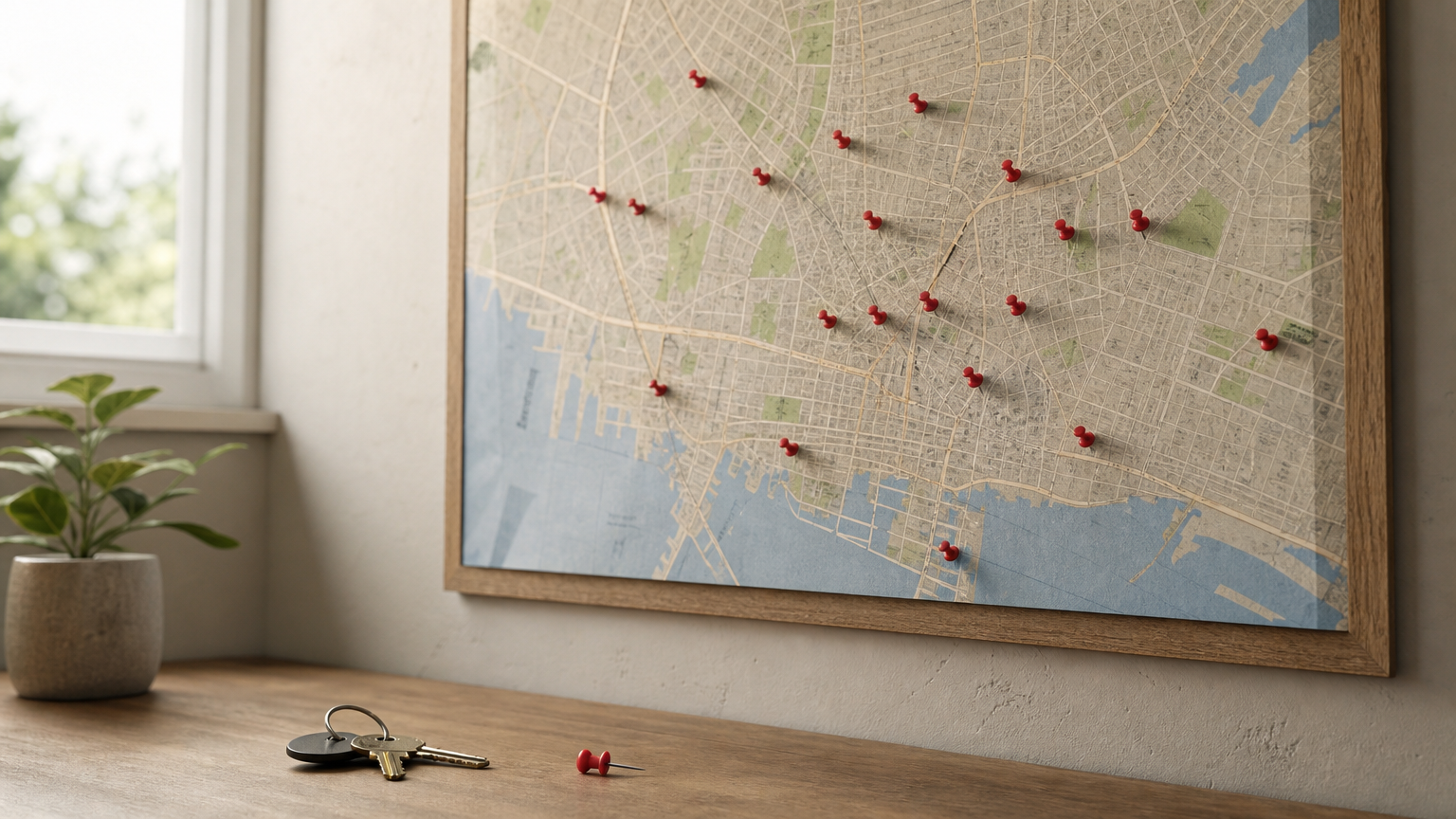 A city street map covered with red pins, with one pin lifted out and resting on a desk.
