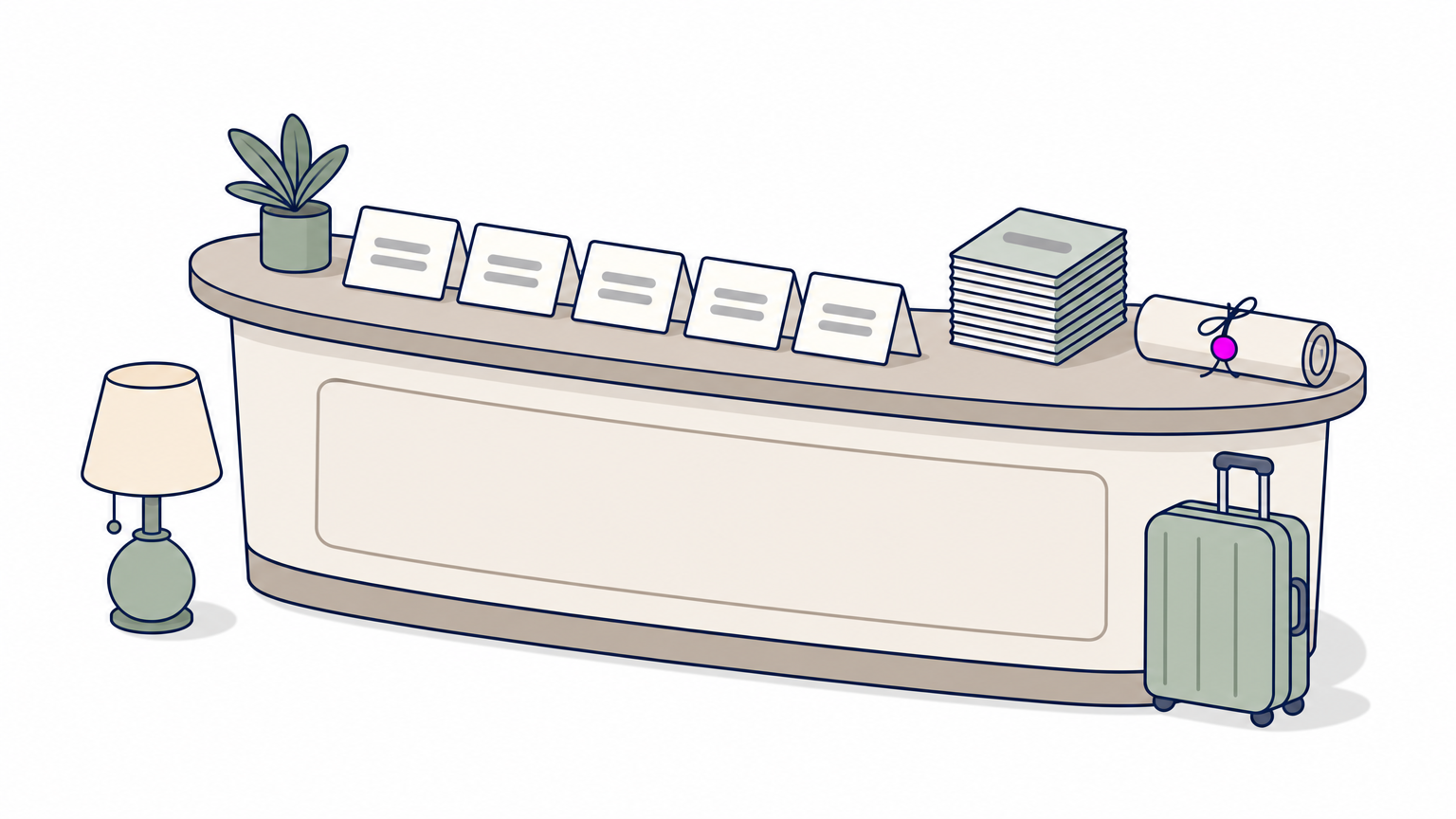 A hotel reception desk holds name placards, a stack of welcome packets and a rolled itinerary for arriving guests.