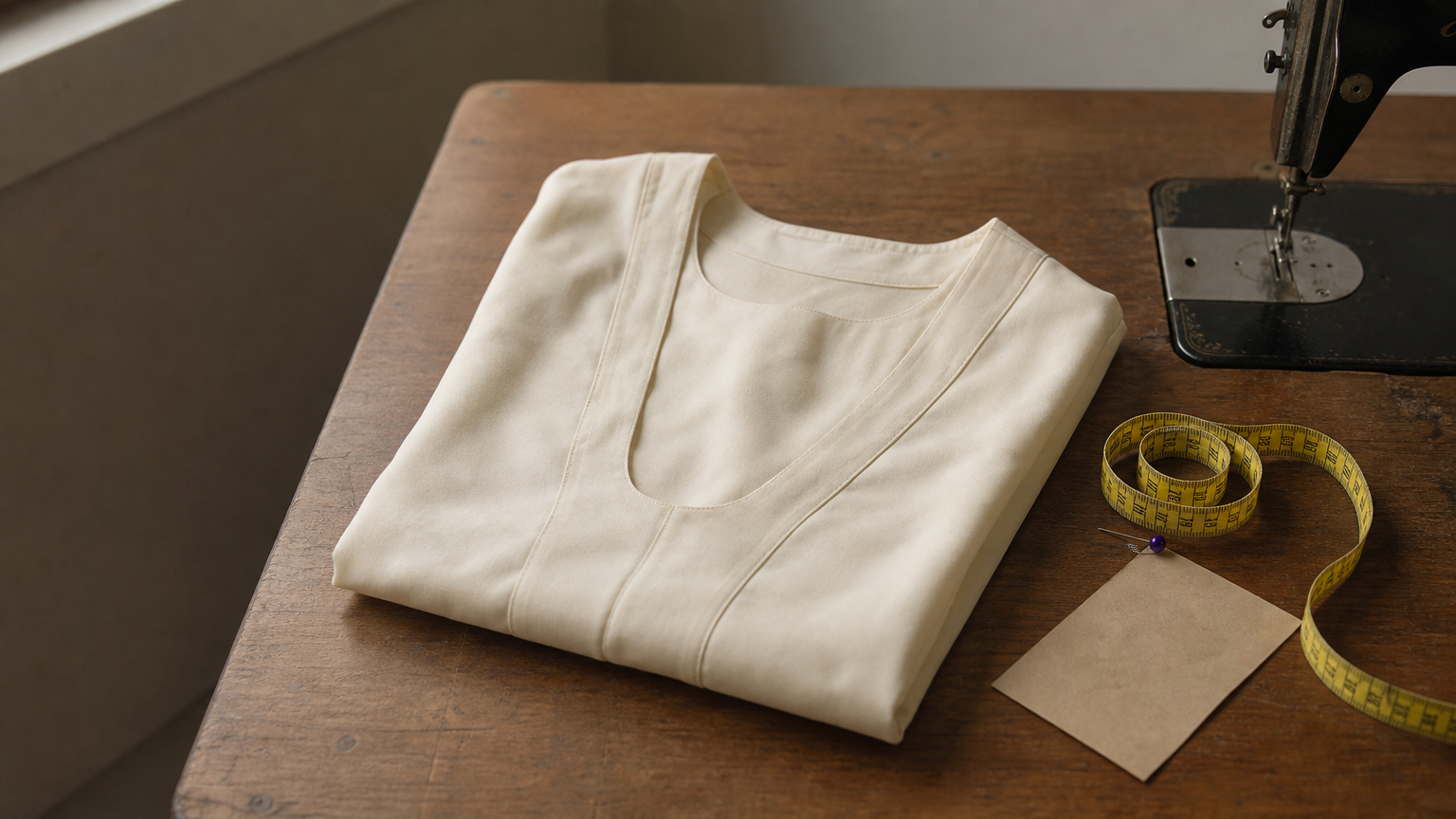 A folded blouse rests on a table beside a coiled measuring tape and a paper delivery slip.