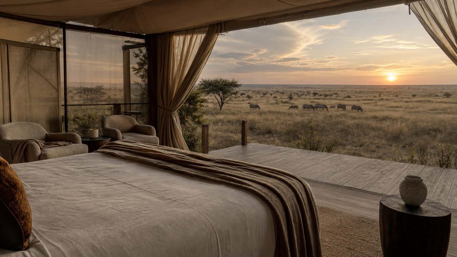 A luxury tented suite with a deck overlooking savanna, where zebras graze in the distance at sunset.