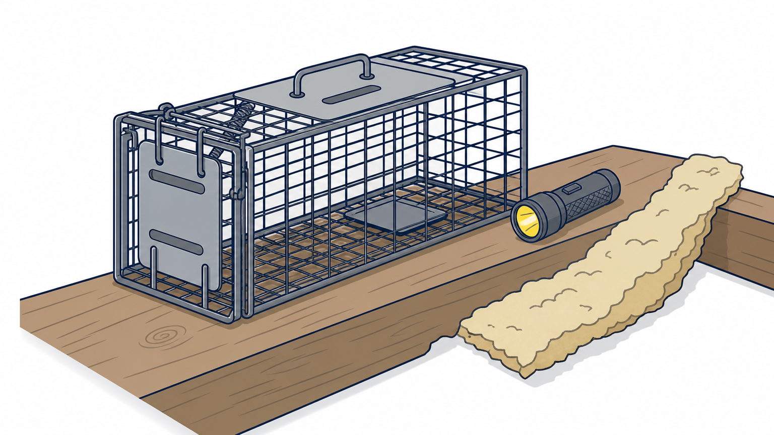 A cage trap set on a wooden attic joist next to torn loose insulation and a flashlight.