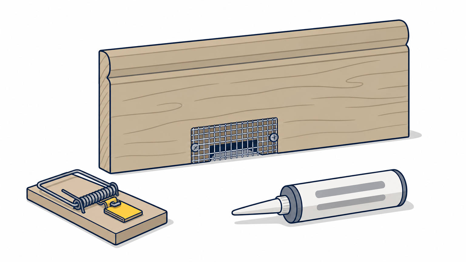 A square of hardware cloth covering a gap at a baseboard, with a set snap trap and a tube of sealant nearby.