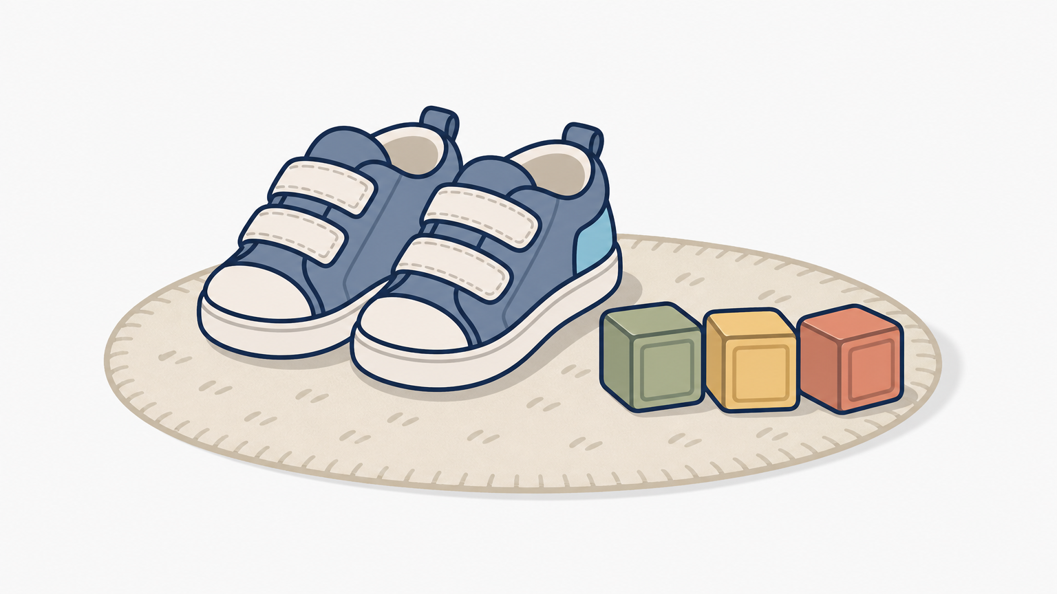 A toddler's small sneakers standing on a rug beside a row of wooden building blocks.