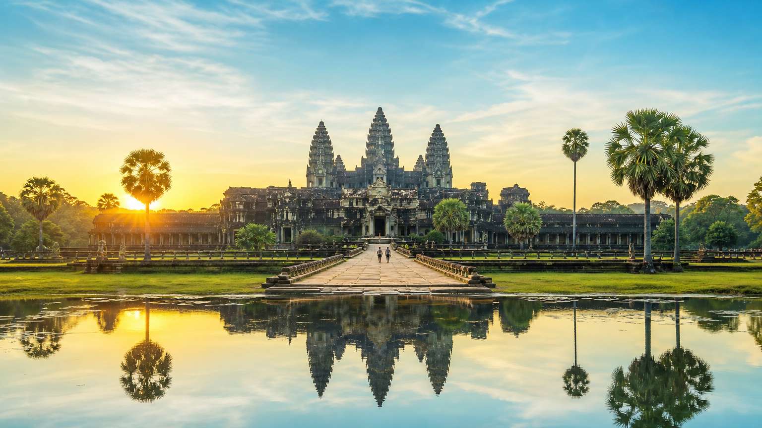 Les tours d'Angkor Wat se reflètent dans un long bassin, avec une chaussée de pierre menant au temple.