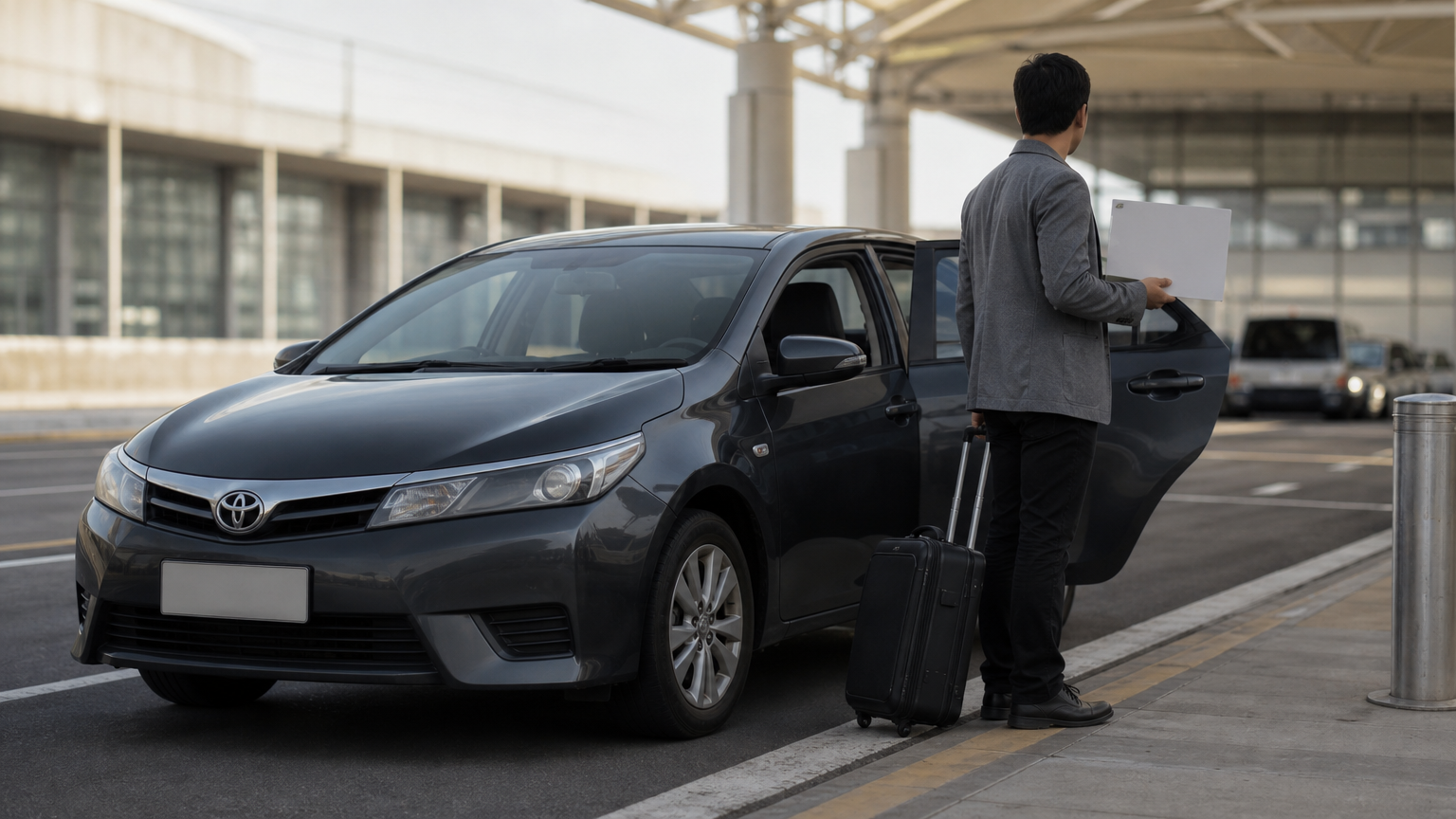 A Toyota Corolla waits at an airport arrivals curb while its driver holds a name board beside the open rear door.