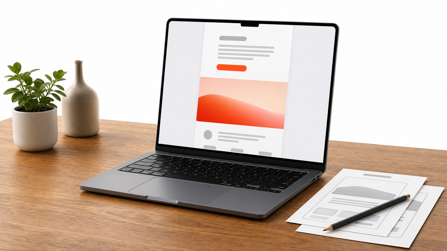 A laptop on a desk displays a landing page preview with a headline, button, and photo, beside printed sketches.