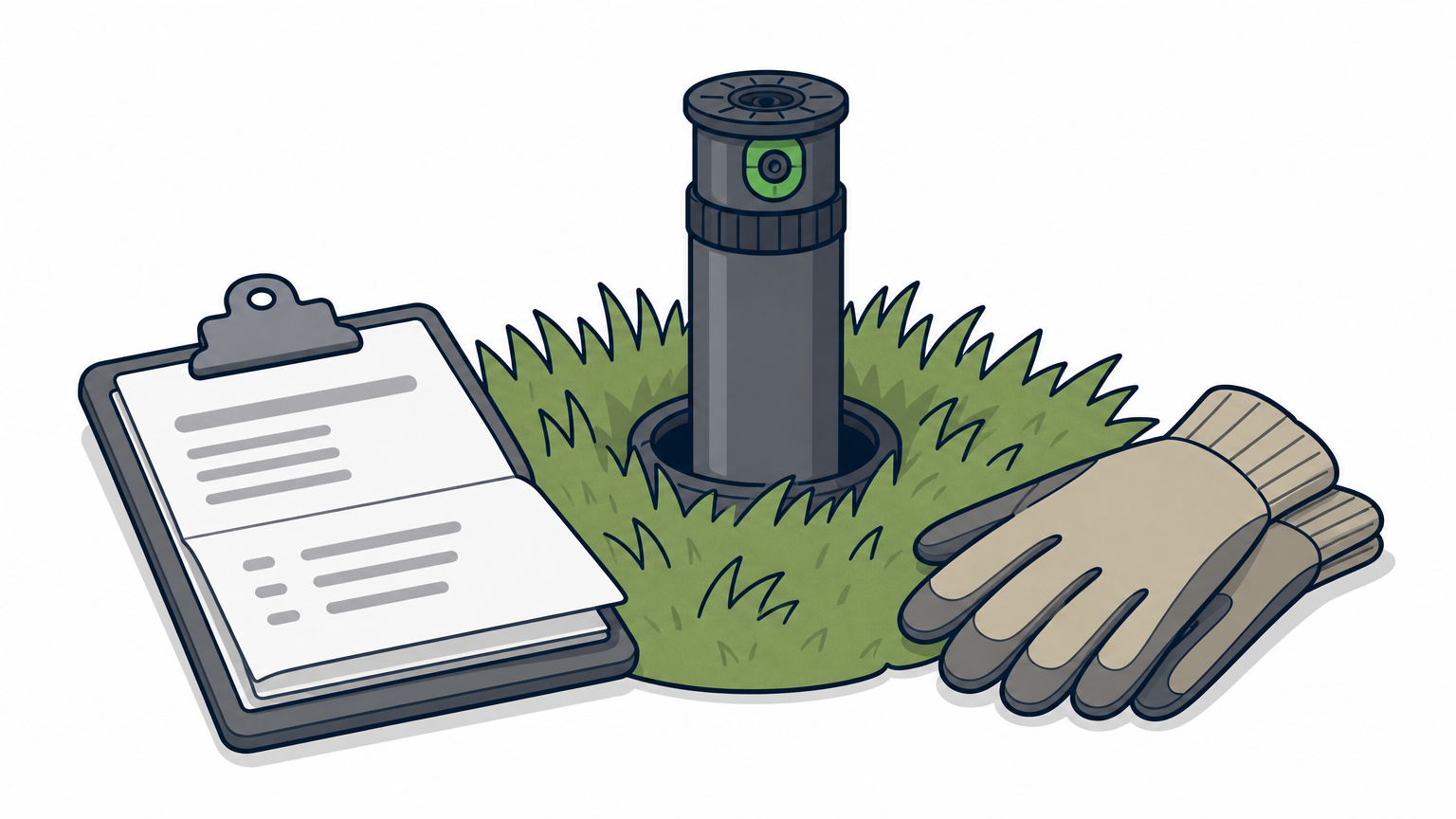 A pop-up sprinkler head on a lawn beside a clipboard with a written estimate and work gloves.