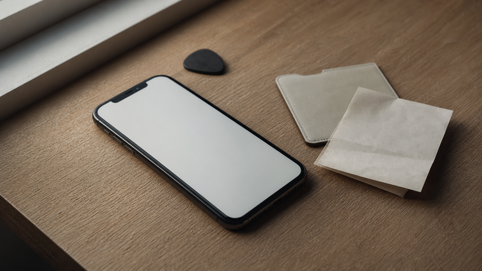 A phone showing a chat list, with a mobile wallet card and a handwritten username slip beside it.