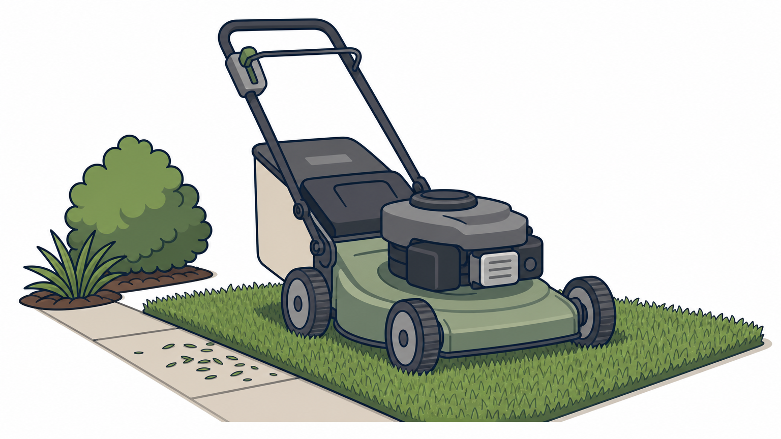A walk-behind mower cuts a thick St. Augustinegrass lawn at a high setting, with clippings on the walkway.