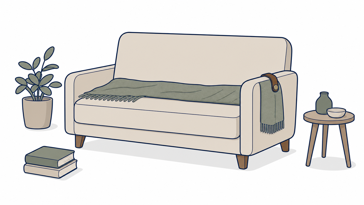 A wool throw tucked into the crease between a sofa seat and back, held by a clip on the arm.