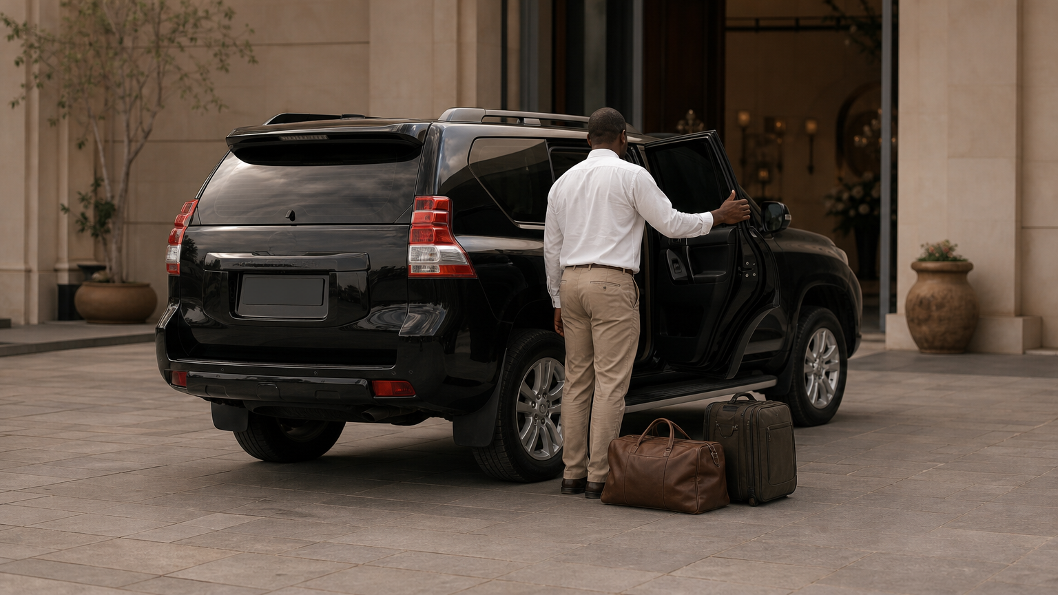 A Toyota Prado stands outside a wedding hall entrance while its driver holds the rear door open.