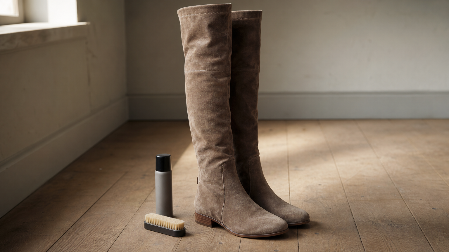 A pair of tall suede boots stands upright beside a suede protector spray can and a soft brush.