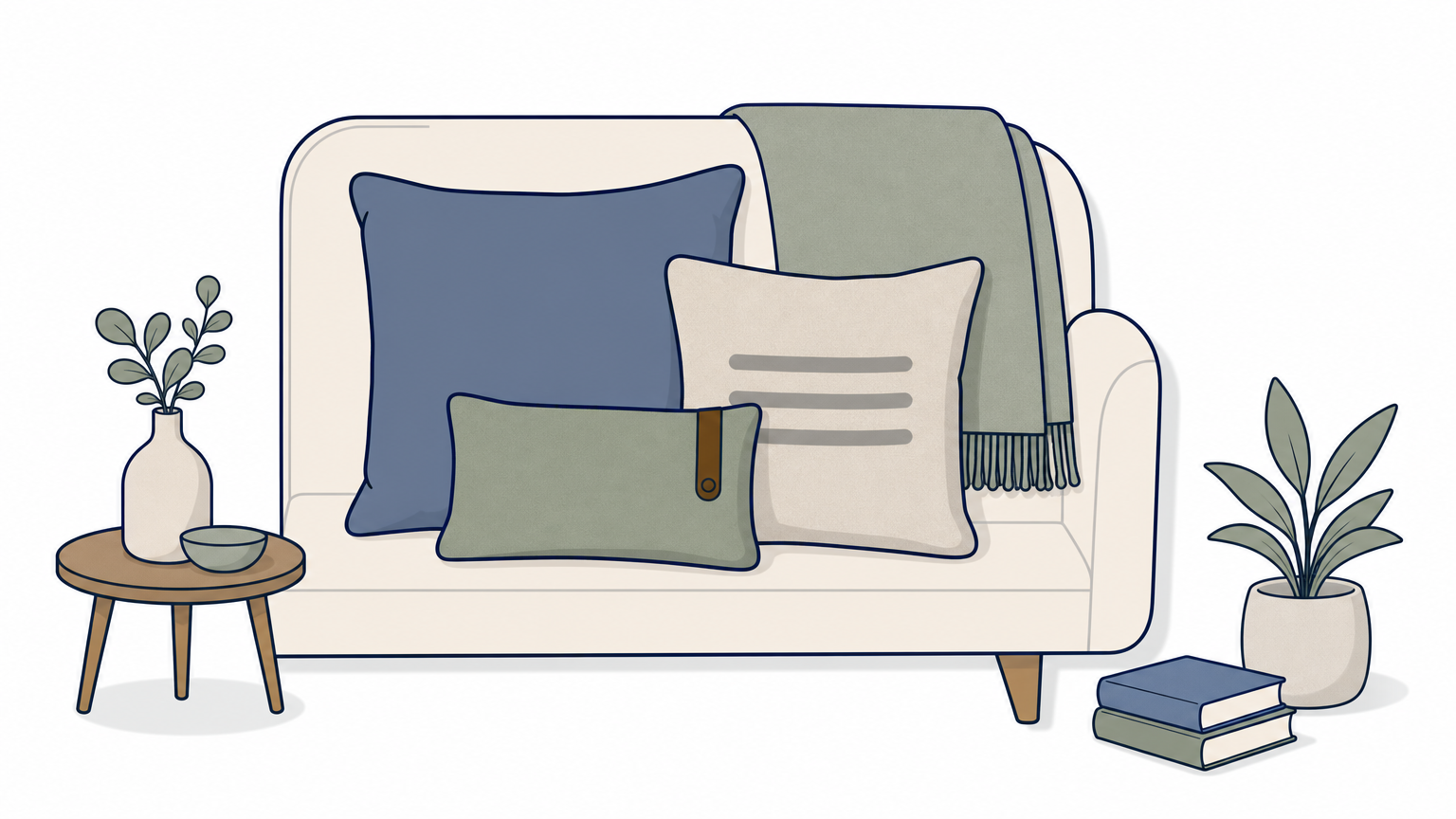 Three throw pillows of different sizes rest on a folded wool throw draped over a sofa back.