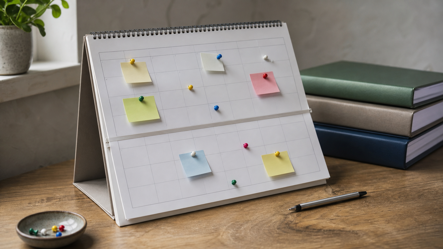 Ein Wandkalender mit Haftnotizen und Reißzwecken liegt neben Ordnern und einem Stift auf einem Tisch.