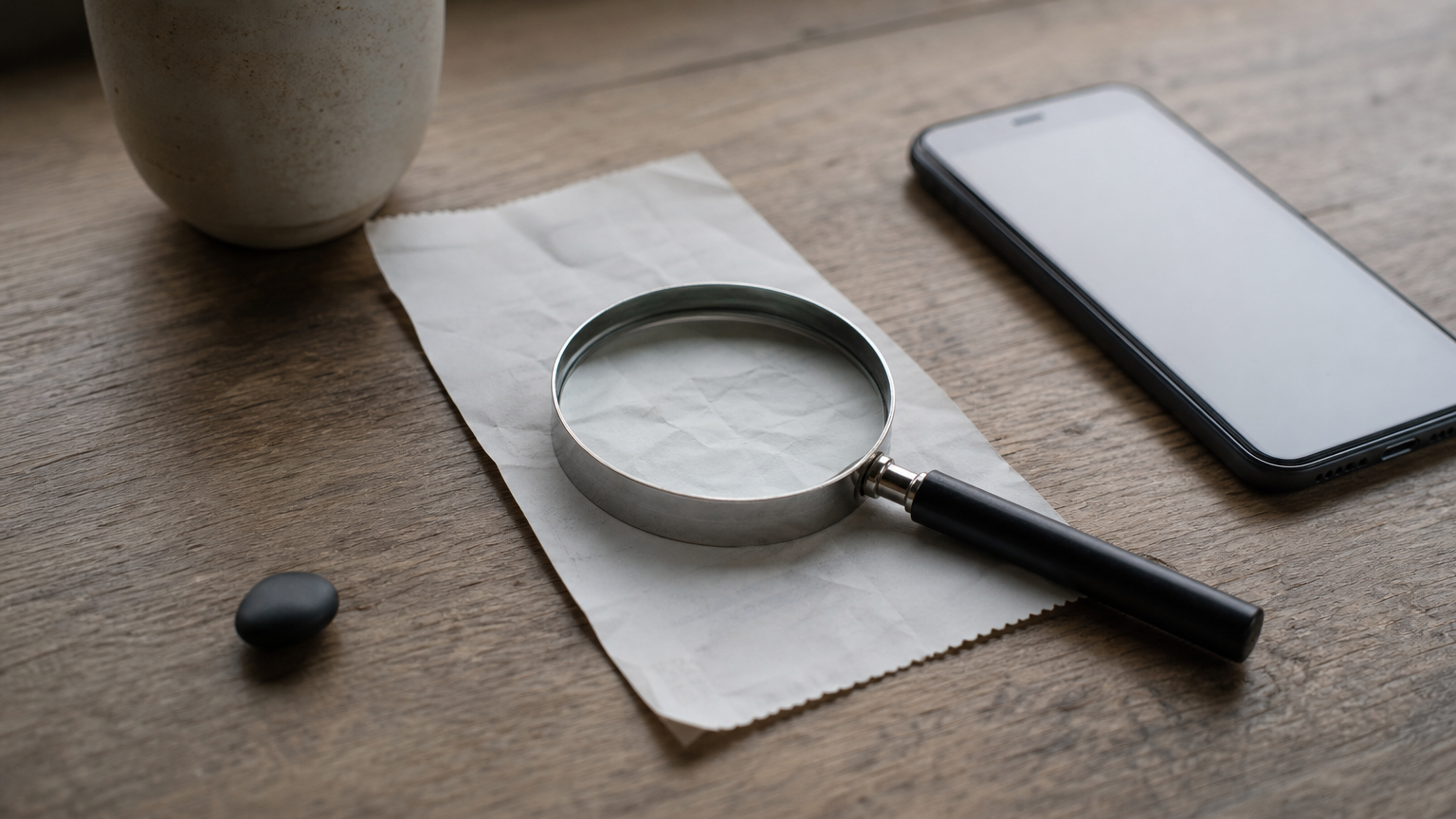 A magnifying glass resting on a printed order receipt with a phone beside it.