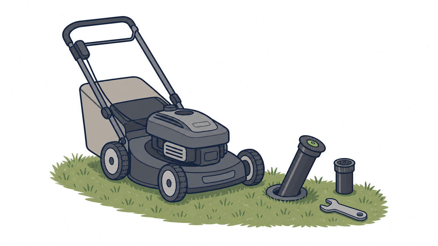 A lawn mower parked beside a knocked-askew sprinkler head, with a spare head and wrench on the grass.