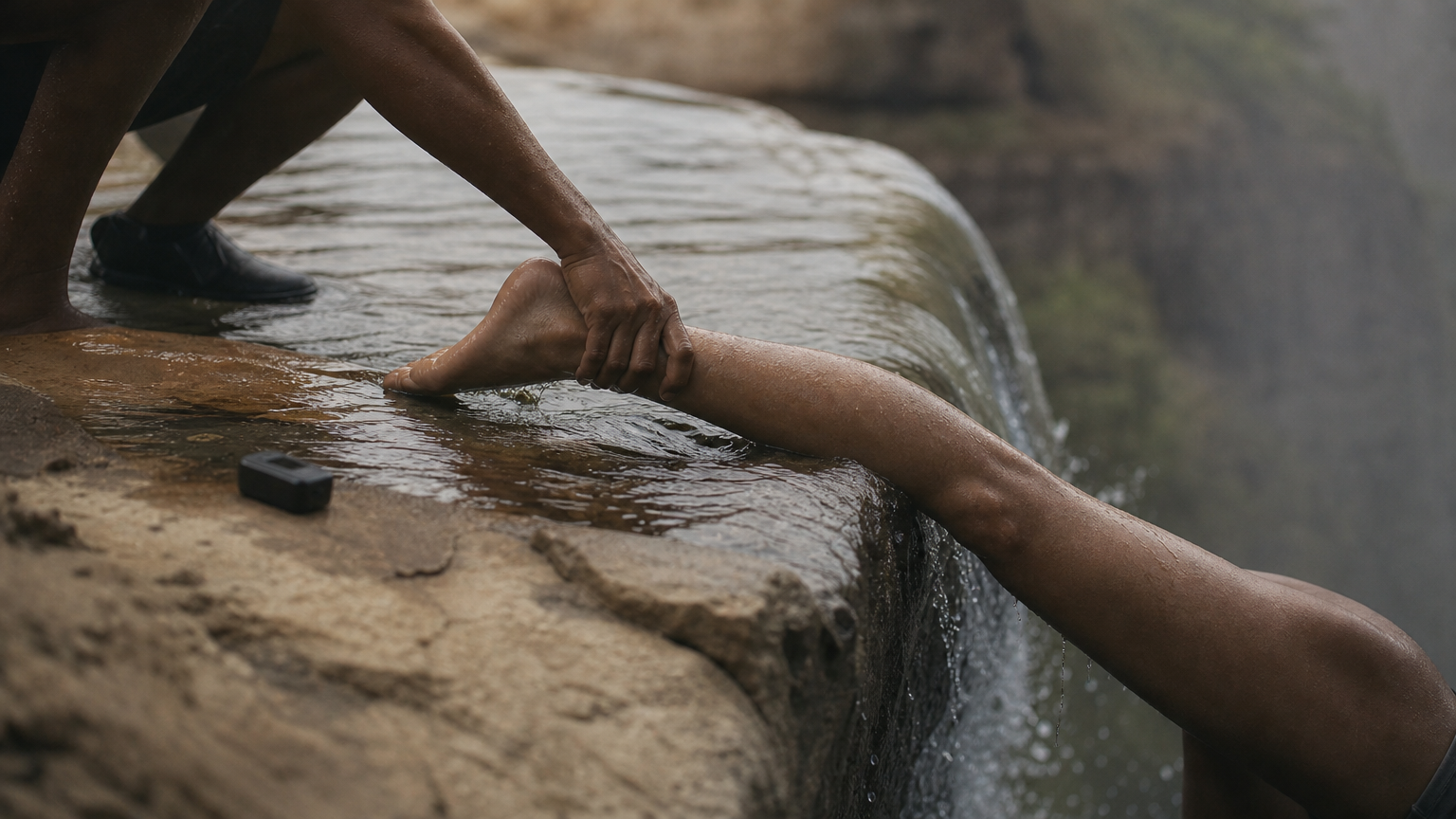 A guide's hand grips a swimmer's ankle at a rock lip where river water slides over the edge.