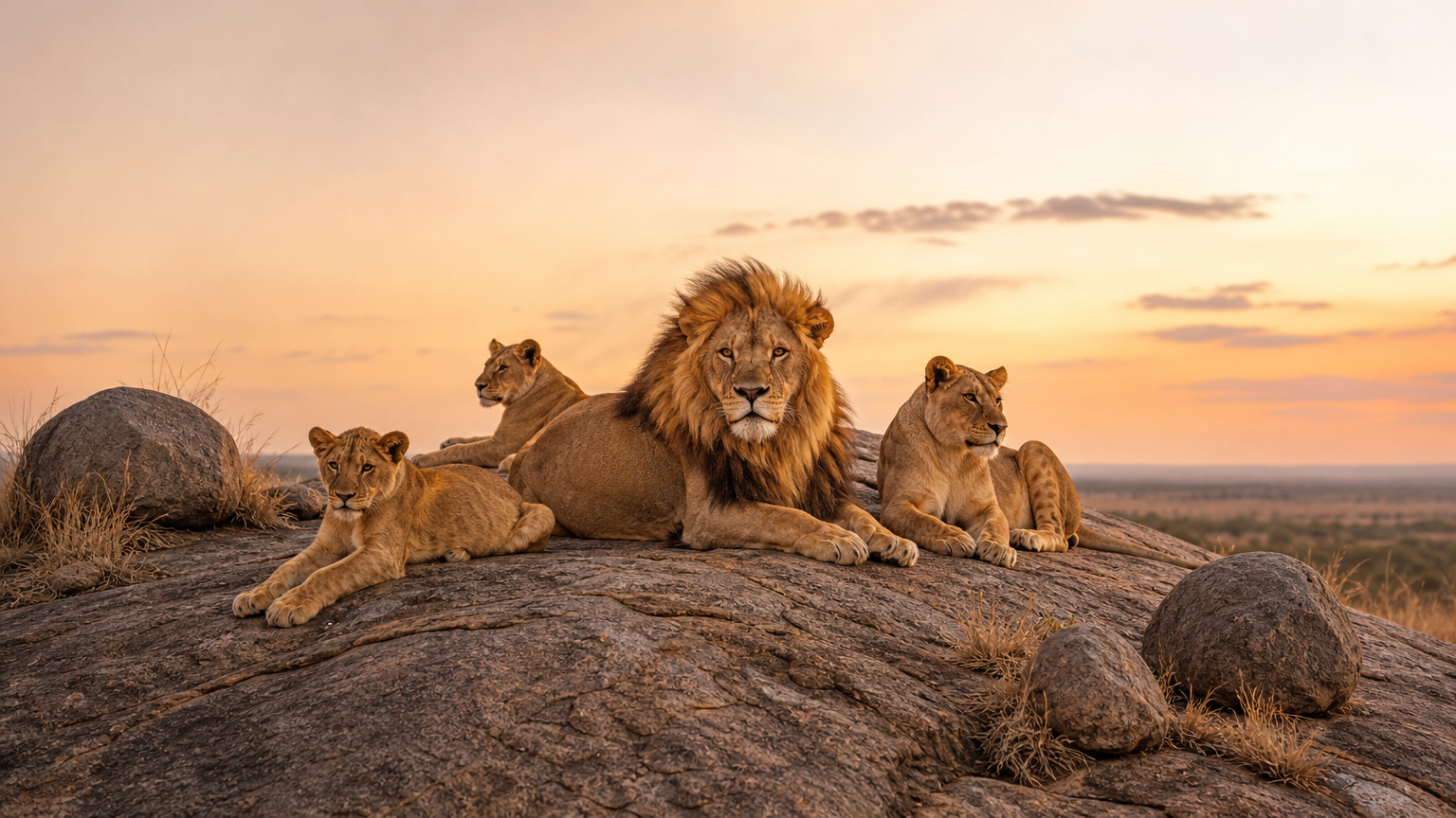 Lions rest on a rocky granite outcrop above open plains.