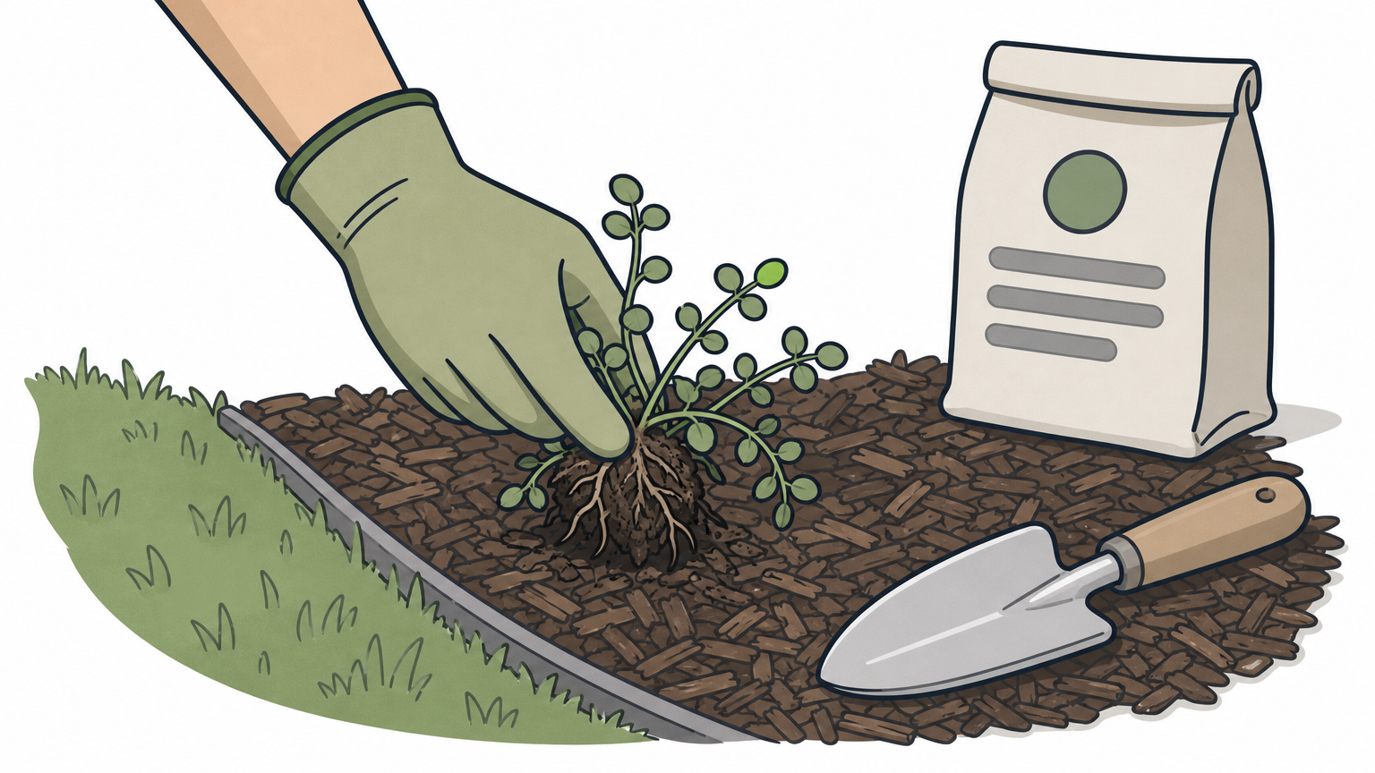 A gloved hand pulls dollarweed from a mulch bed at the edge of a lawn, beside a trowel and fertilizer bag.