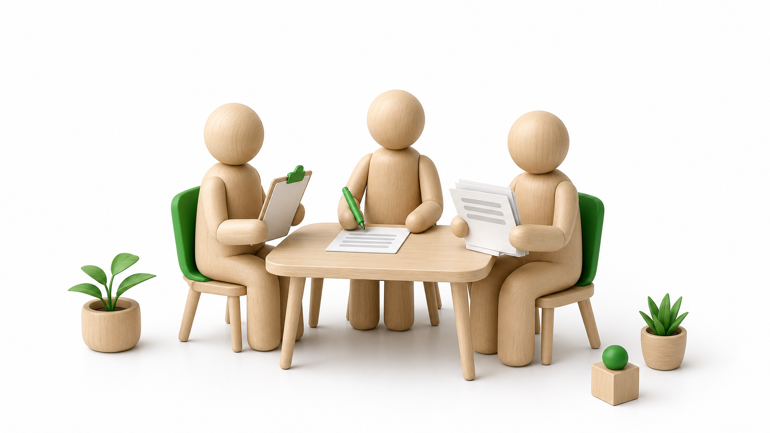 Three small figurines sit at a desk, one reviewing a stack of papers another has written.