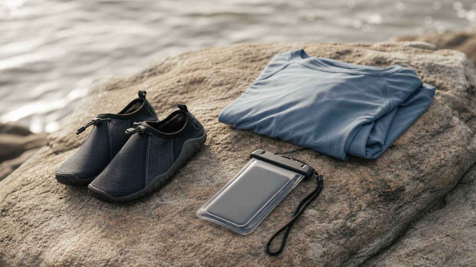 A waterproof phone case, water shoes, and a folded shirt laid out on a dry rock.