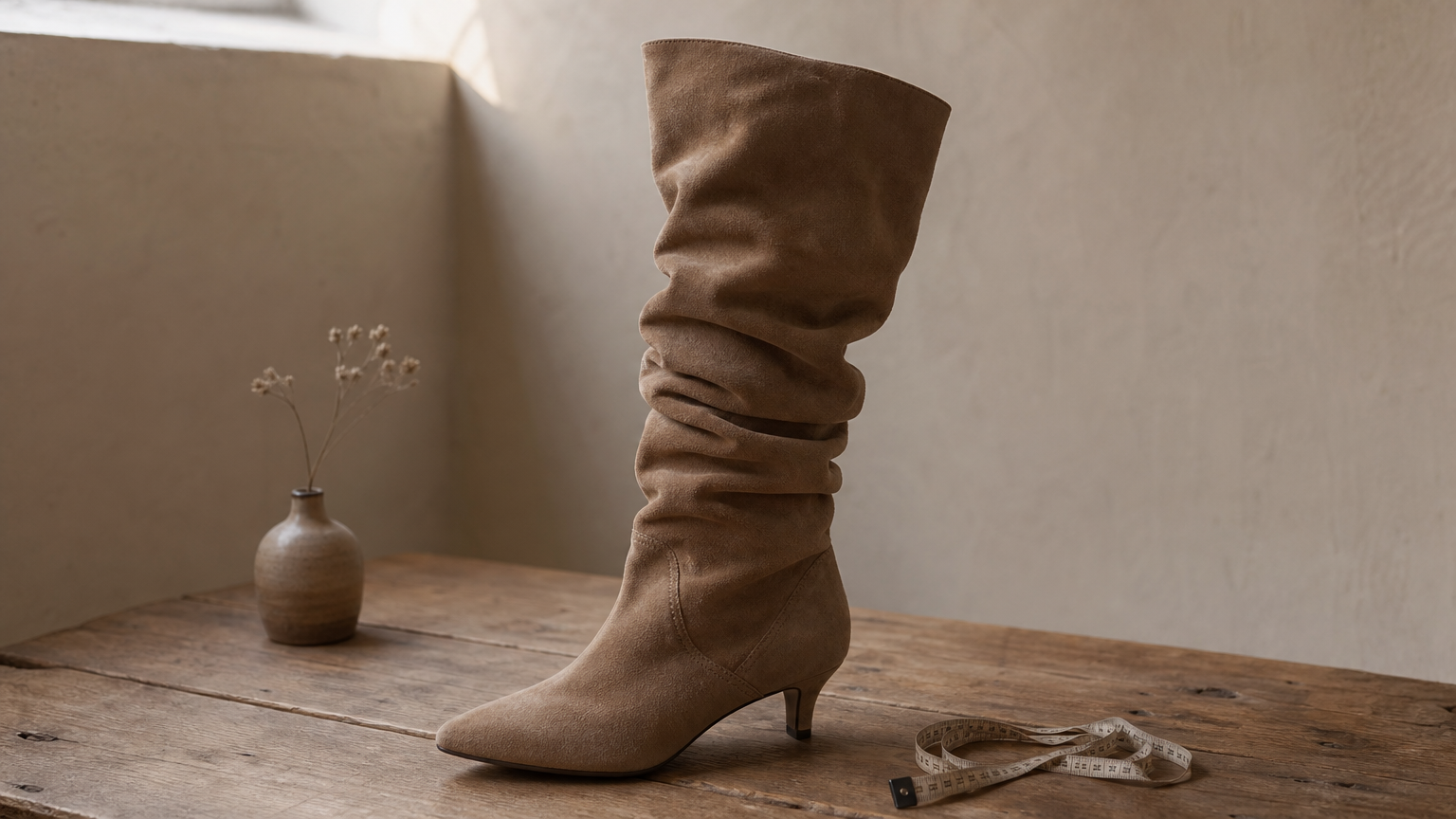 A tall boot with a wide slouched shaft stands beside a coiled cloth measuring tape.