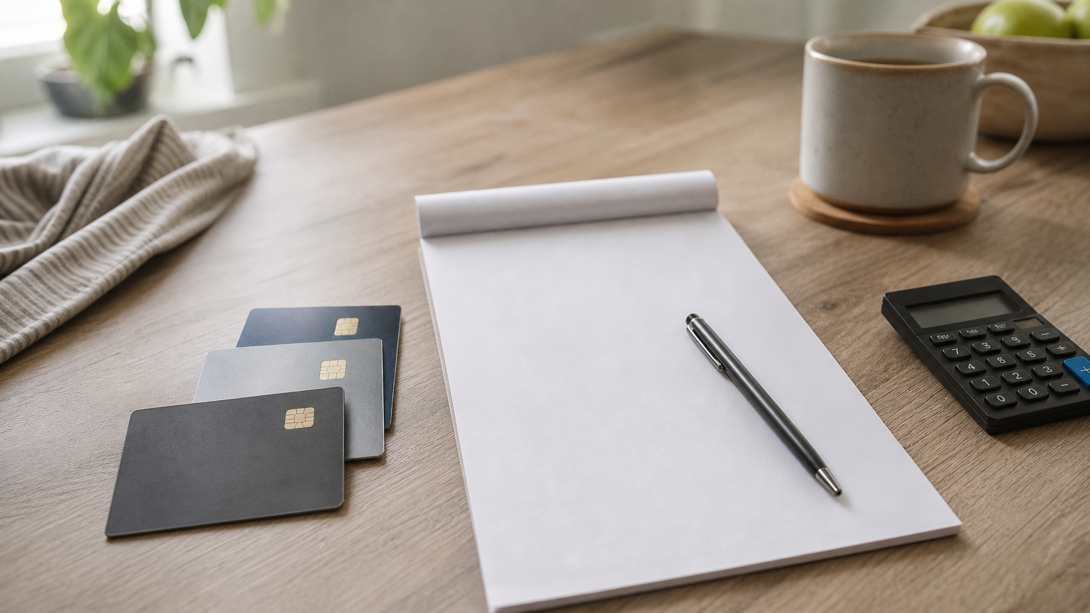 Three credit cards fanned on a table beside a blank budget sheet, a pen, and a calculator.