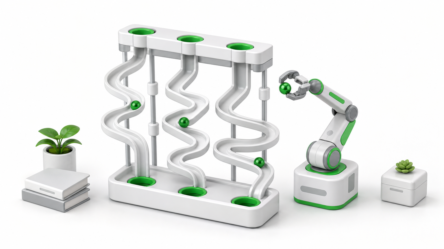 A marble run with fixed rails sits beside a robot arm choosing which chute a marble drops into.