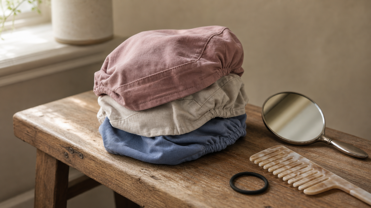 Three folded scrub caps sit on a bench beside a hair elastic, a comb and a hand mirror.