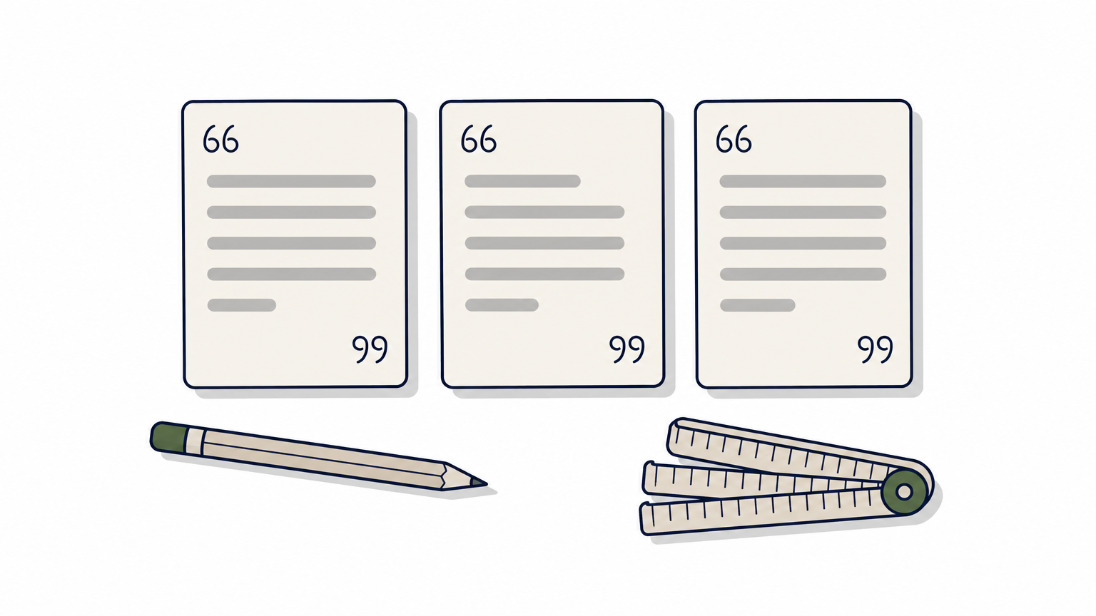 Three paper quote slips sit side by side on a table beside a pencil and a folded tape measure.