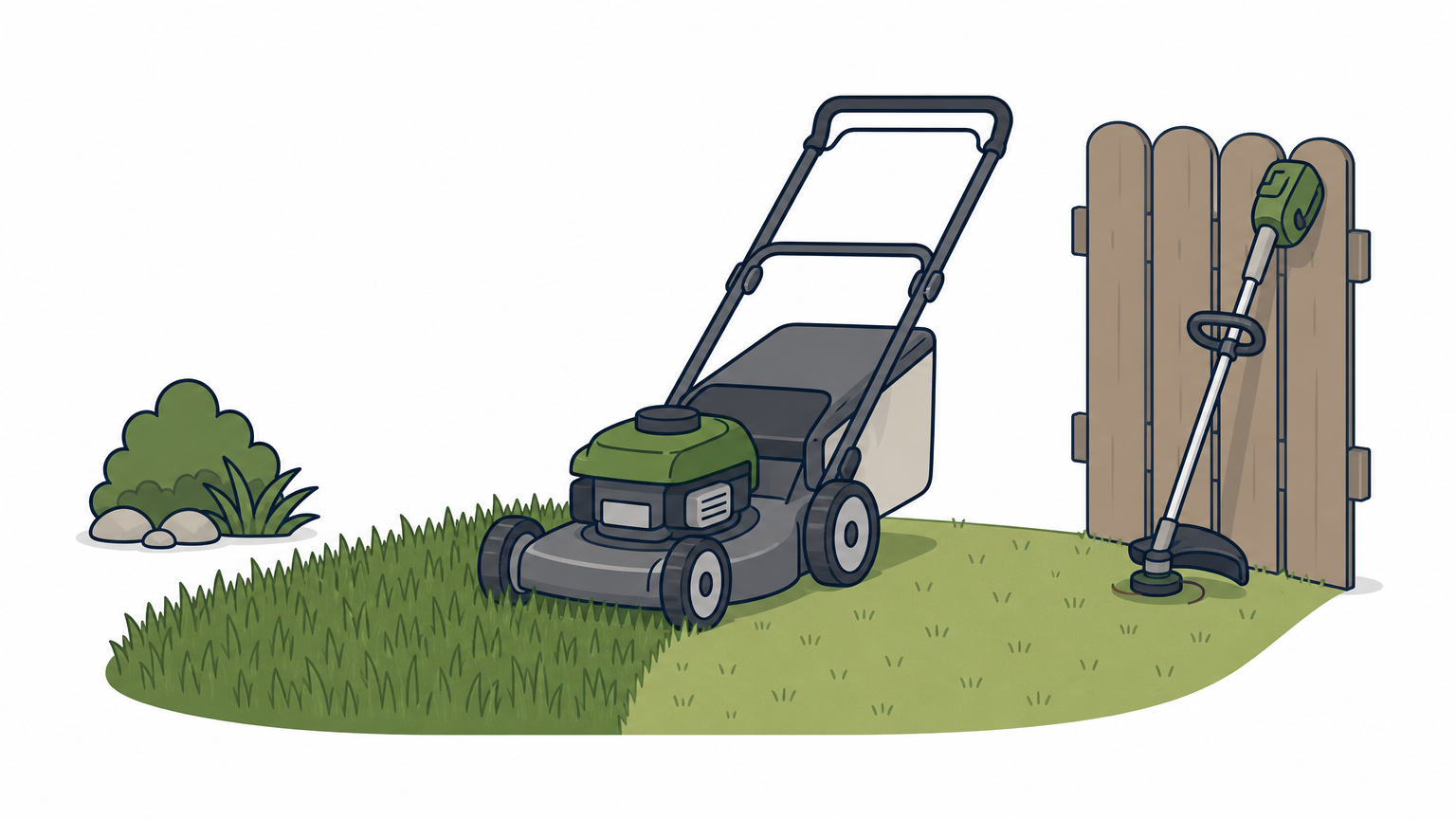 A push mower stands on a lawn that is half cut, with a string trimmer leaning on a wooden fence.