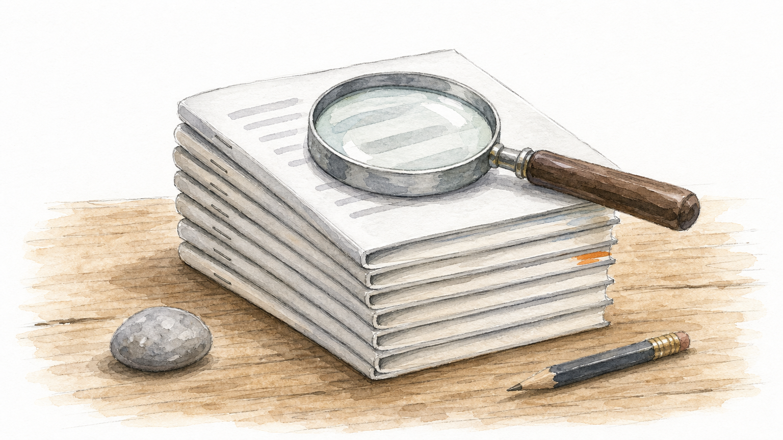 A magnifying glass rests on a stack of seven folded scorecards on a desk.