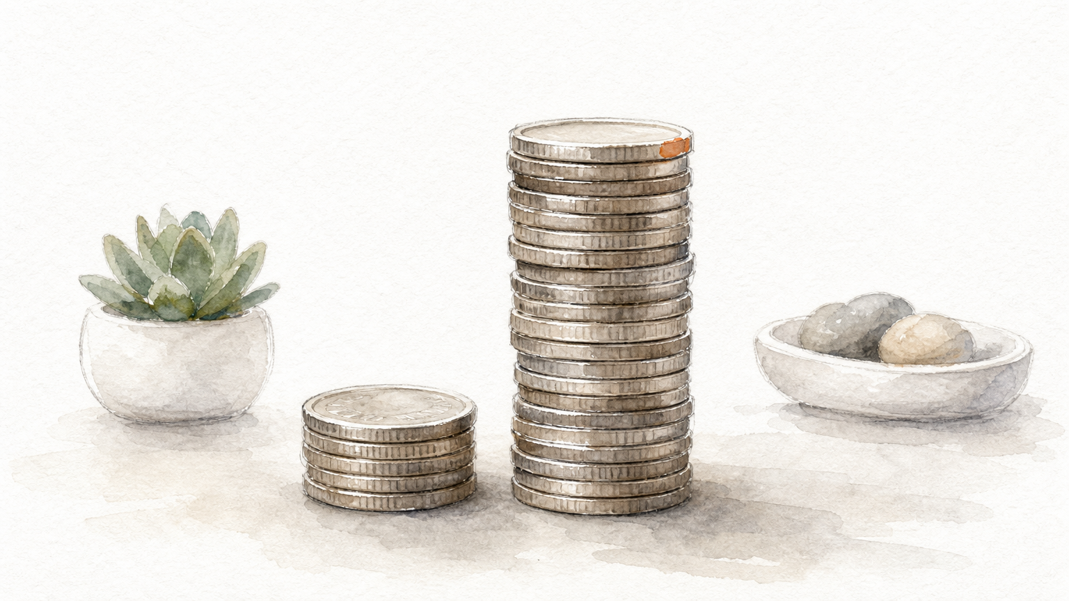 Two stacks of coins sit side by side, with the taller stack about three times the height of the shorter one.
