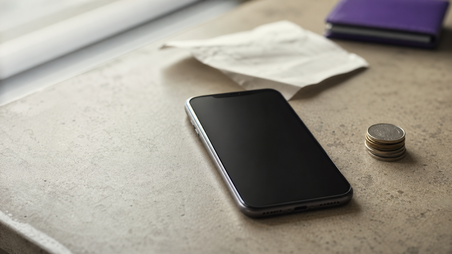 A phone lying beside a paper receipt and a small stack of coins on a counter.